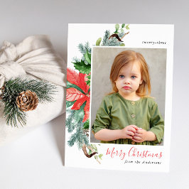 Tarjeta Festiva Fotos Elegantes de Poinsettias y Verdor en Acuarel