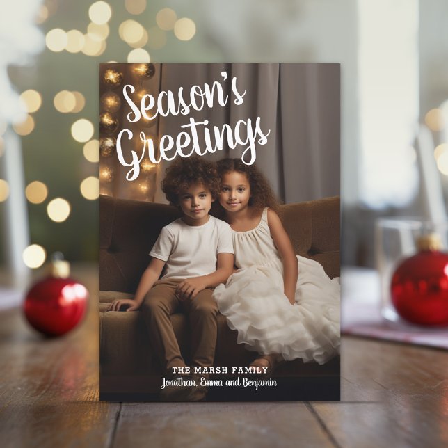 Tarjeta Festiva Fotos escritas a mano Grey Plaid Season Greetings (Large white Script Type over a vertical photo - Online Christmas Card)