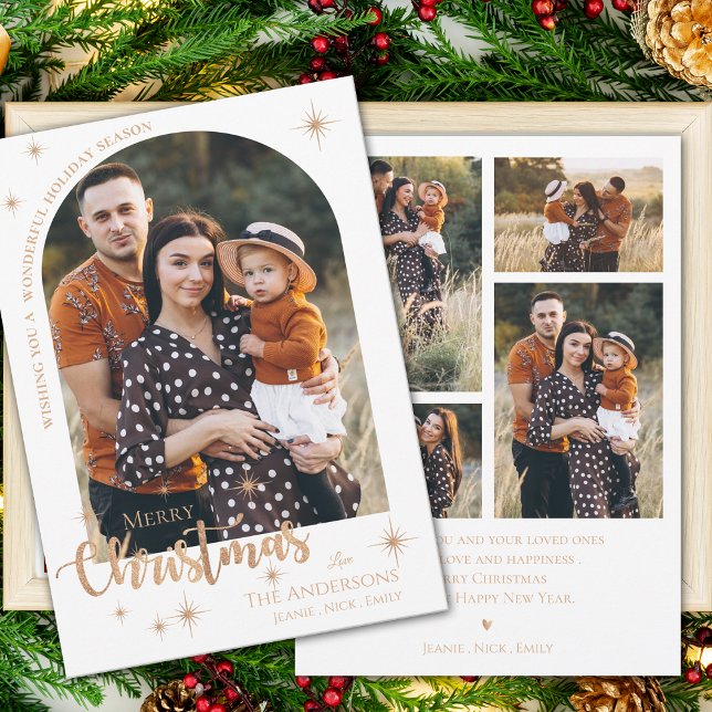 Tarjeta Festiva Fotos falsas Rosa Gold multifamiliares Feliz Navid (Faux Rose Gold Multi Family Photos Merry Christmas Holiday Card)