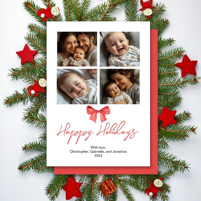 Tarjeta Festiva Fotos familiares de cinta roja en acuarela minimal (Subido por el creador)