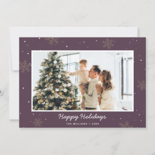 Tarjeta Festiva Fotos familiares de Purple Happy Holidays Snowflak