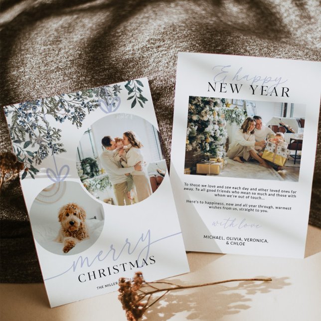 Tarjeta Festiva Fotos Familiares de Verde con Acuarela Rústica Azu (Rustic Watercolor Greenery Family Photo Christmas Card)