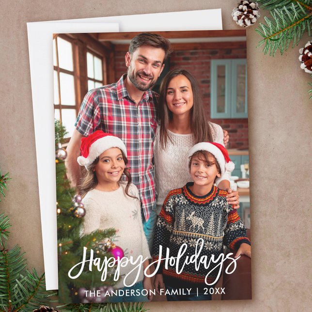Tarjeta Festiva Fotos familiares Guión de pincel moderno Felices v (Customize to add text to back of card.)