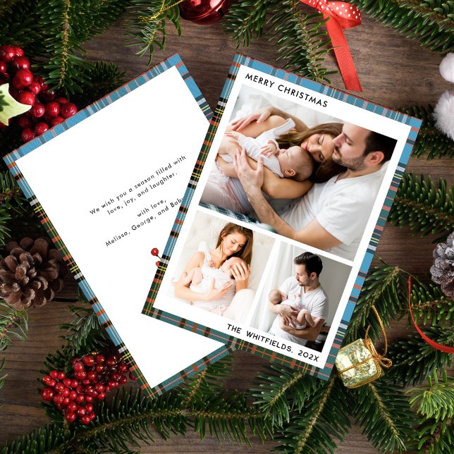 Tarjeta Festiva Fotos familiares Navidades botánicos Vacaciones Ta (Christmas Holidays Family Photo Collage with Baby First Greetings Card)