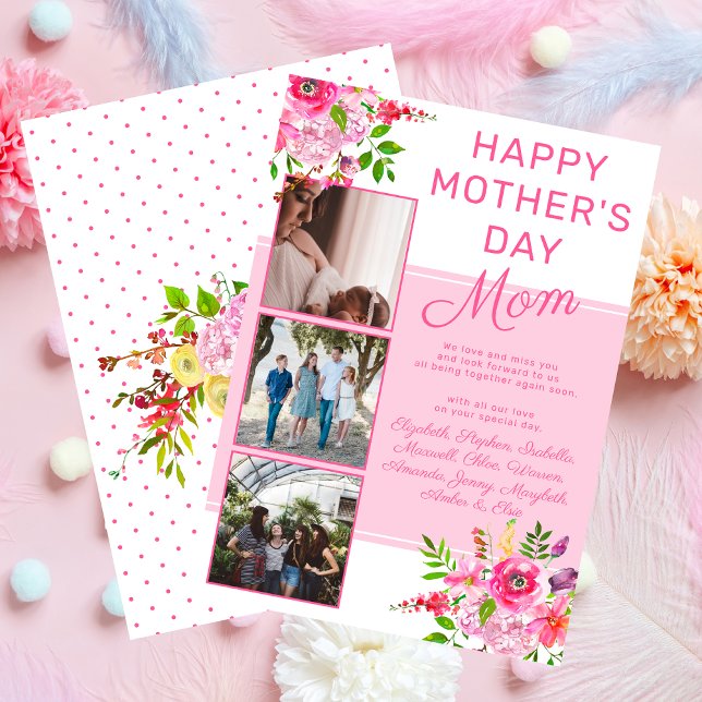 Tarjeta Festiva Fotos florales: Feliz Día de la Madre en festivida (Pink Floral Photo Happy Mother's Day from Group Holiday Card - Print and/or Download)
