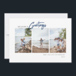 Tarjeta Festiva Fotos Minimalistas de escritura moderna de bienven<br><div class="desc">Saludos de temporada,  diseño moderno de tipografía minimalista,  3 fotos verticales centradas,  tarjeta de saludo. Características,  escritura azul moderna "Greetings" (Saludos) y coordinación del respaldo de color sólido. Líneas de texto de plantilla para su nombre y año.</div>