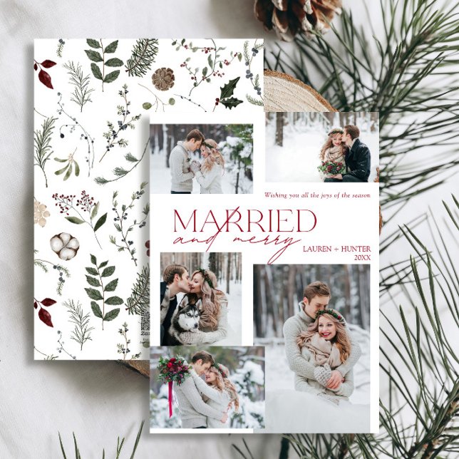 Tarjeta Festiva Fotos modernas de moras rojas y casados recién cas (Easily personalize this newlywed photo holiday card with your favorite images and deets)