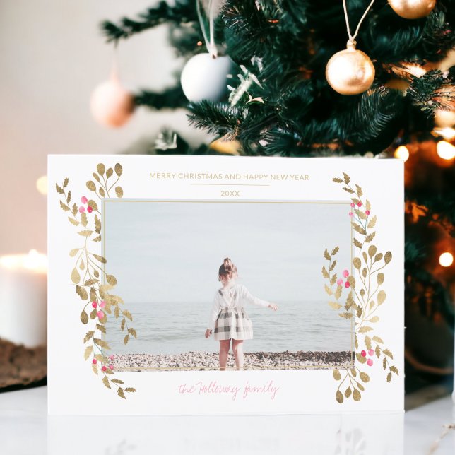 Tarjeta Festiva Fotos modernas Navidades de mistletoe marco dorado (Modern photo mistletoe Christmas gold frame white Holiday Card)