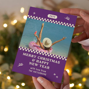 Tarjeta Festiva Fotos moradas personalizadas en retro navideño