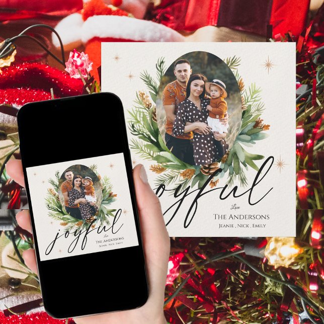 Tarjeta Festiva Fotos multifamiliares Green deja a Navidades alegr (Multi Family Photos Green Leaves Joyful Christmas Holiday Card)