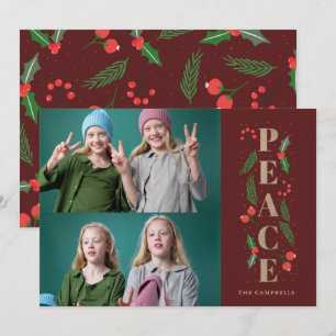 Tarjeta Festiva Fotos Múltiples Paz Dorada Bayas de Acebo Pino Roj