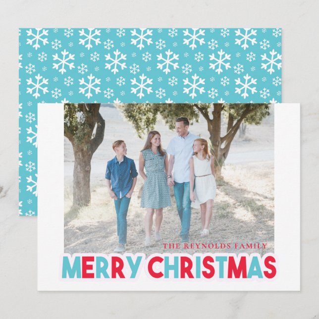 Tarjeta Festiva Fotos navideñas de copo de nieve Verde azulada y m (Anverso / Reverso)