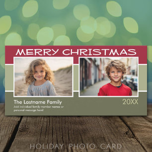 Tarjeta Festiva Fotos navideñas de Feliz - 2 fotos rayas pastel
