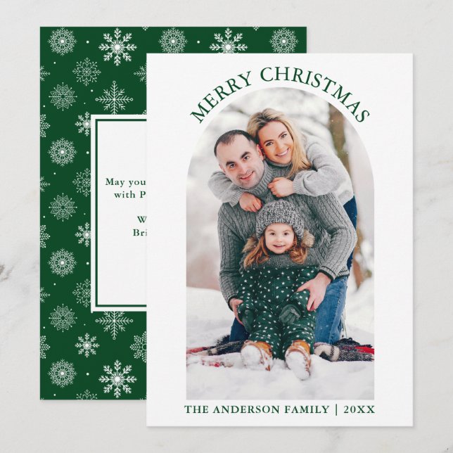 Tarjeta Festiva Fotos navideñas de Feliz Arco de nieve Verde (Anverso / Reverso)