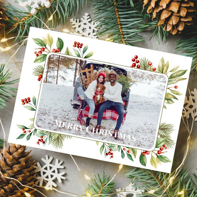 Tarjeta Festiva Fotos navideñas de Feliz Verde Botánico Holly (Celebrate the Holidays in style with a watercolor greenery photo card.  )