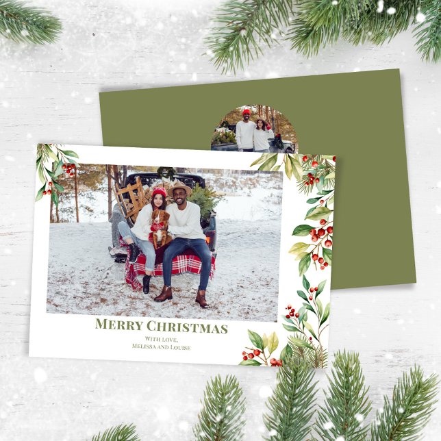 Tarjeta Festiva Fotos navideñas de Feliz Verde Botánico Holly (Celebrate the Holidays in style with a watercolor greenery photo card.  )