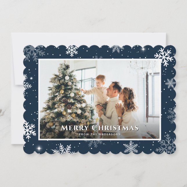 Tarjeta Festiva Fotos navideñas de la flor de nieve azul moderna (Anverso)