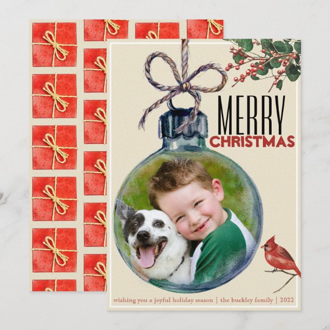 Tarjeta Festiva Fotos navideñas merry Bauble Estilo de cosecha úni (Anverso / Reverso)
