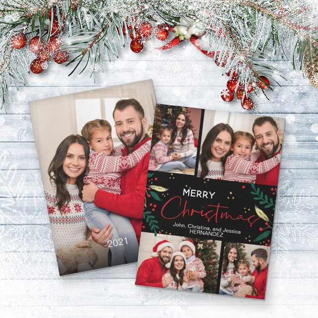 Tarjeta Festiva Fotos navideñas merry Green Red Gold (Subido por el creador)