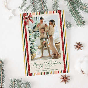 Tarjeta Festiva Fotos navideñas modernas y simples de rayas y boza