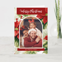 Tarjeta Festiva Fotos personalizadas de Poinsettias Rojas de Feliz