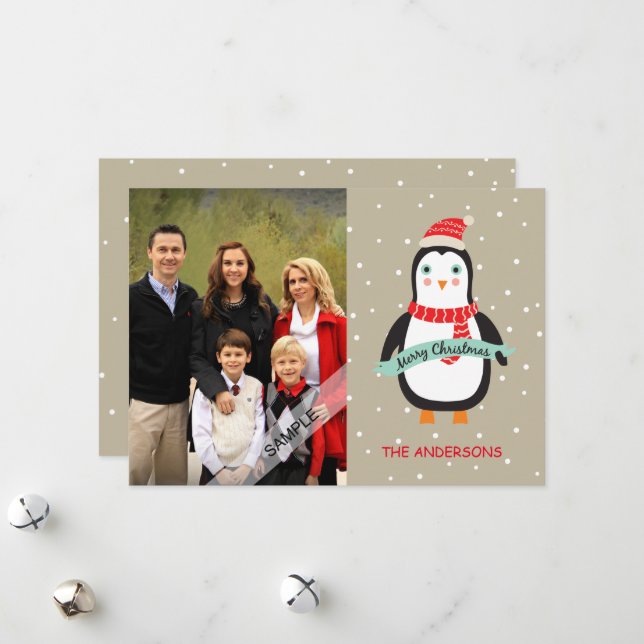 Tarjeta Festiva Fotos personalizadas del penquín navideño (Anverso/Reverso In Situ)
