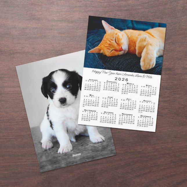 Tarjeta Festiva Fotos personalizados Calendario 2026 Feliz Año Nue (Custom Photos 2026 Calendar Happy New Year Holiday Card, front/back)