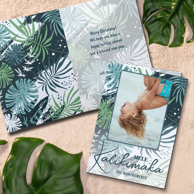 Tarjeta Festiva Fotos Plegadas Tropicales Mele Kalikimaka (Mele Kalikimaka tropical folded holiday photo cards)