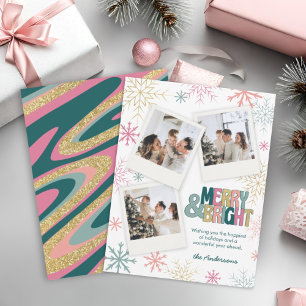 Tarjeta Festiva Fotos Retro Swirl 3 Rosa Verde Dorado Alegre y Bri