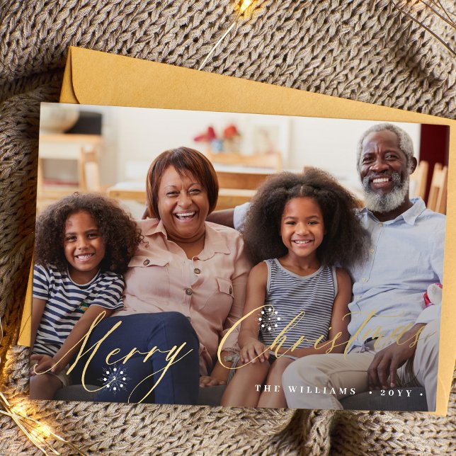 Tarjeta Festiva Fotos simples del elegante guión de Gold Merry Chr (Subido por el creador)