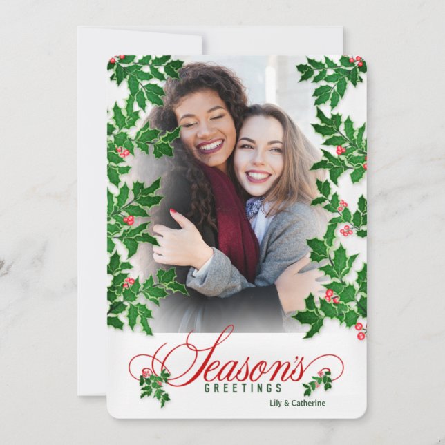 Tarjeta Festiva Fotos verticales de Seasons Greetings Holly and Be (Anverso)
