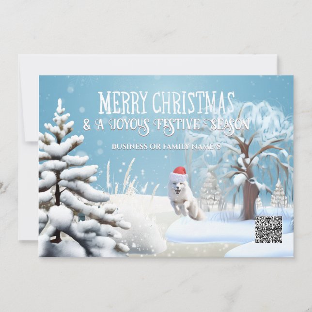 Tarjeta Festiva Fox de nieve usando santa hat invierno bosque códi (Anverso)