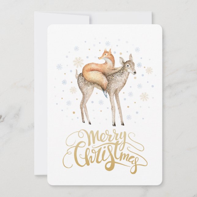 Tarjeta Festiva Fox Deer Winter Snow Merry Christmas (Anverso)
