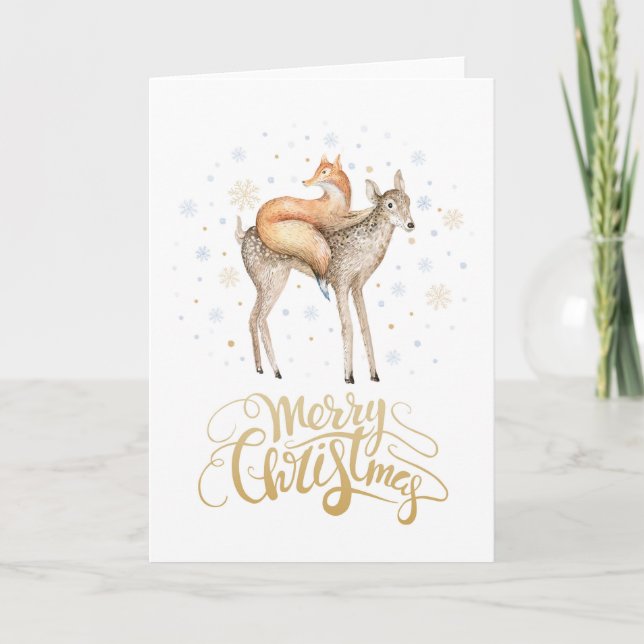 Tarjeta Festiva Fox Deer Winter Snow Merry Christmas (Anverso)
