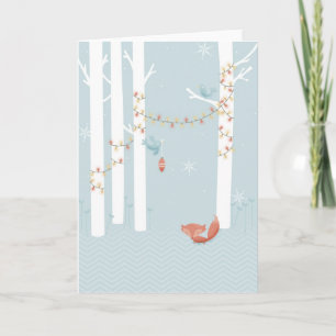 Tarjeta Festiva Fox en invierno, pájaros con luces Navidades