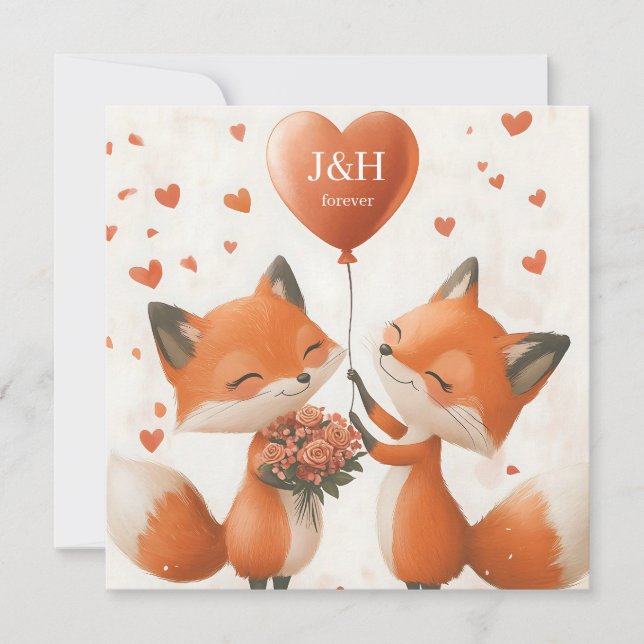 Tarjeta Festiva Fox Love Design with Personalizable Initials (Anverso)