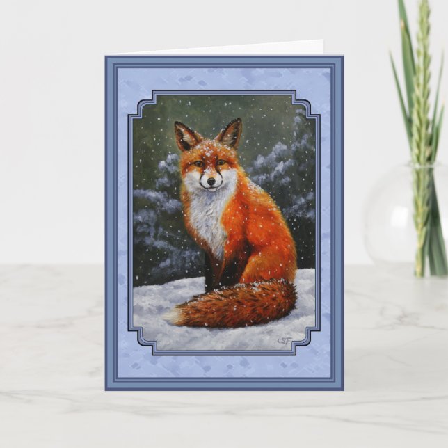 Tarjeta Festiva Fox roja en azul de nieve invernal (Anverso)