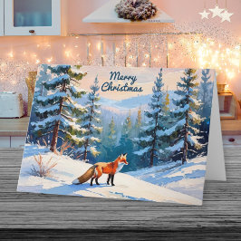 Tarjeta Festiva Fox roja en el paisaje invernal de nieve Feliz Nav