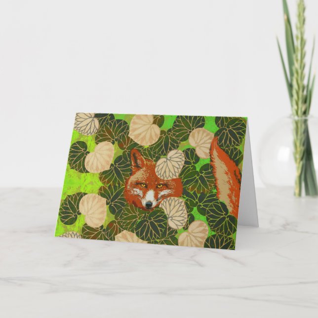TARJETA FESTIVA FOX ROJA ENTRE LAS HOJAS VERDES Y LA FUGA (Anverso)