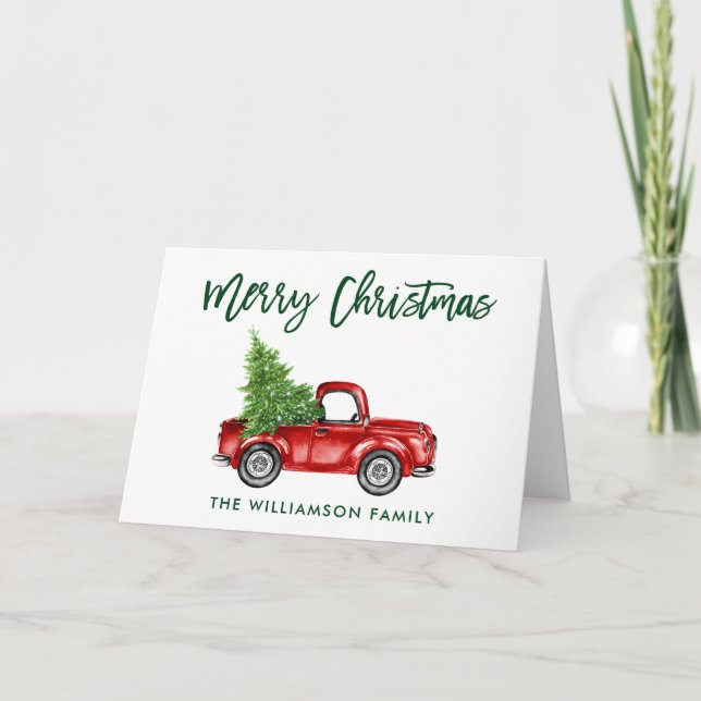 Tarjeta Festiva Fracaso de Navidades de camionetas de época con gu (Anverso)