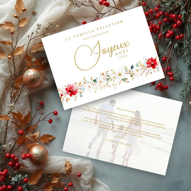 Tarjeta Festiva French Chic Xmas Floral Border Joyeux Nöel Photo (French Exquisite Christmas Floral Border Joyeux Noël Holiday Cards with Soft Overlay Photo.)