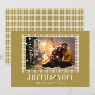 Tarjeta Festiva French White Gold Tartan Joyeux Noël Custom Photo