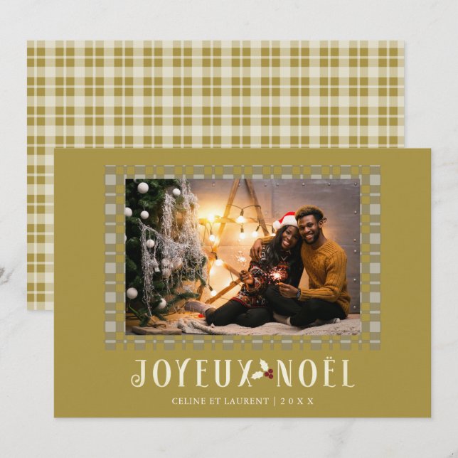 Tarjeta Festiva French White Gold Tartan Joyeux Noël Custom Photo (Anverso / Reverso)