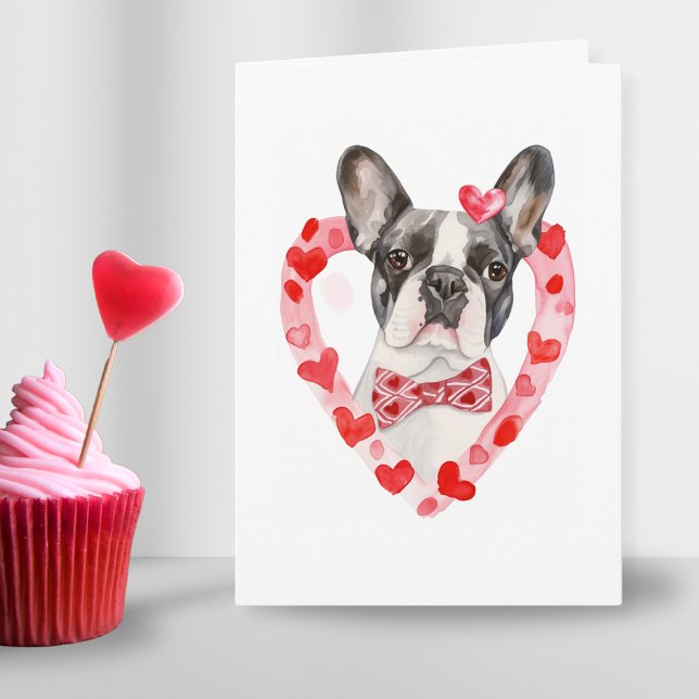 Tarjeta Festiva Frenchie Mom Día de San Valentín Dog Love Heart Bo (cute cheeky french bulldog wearing bowtie in pink red in heart frame for valentines day dog mom dad)