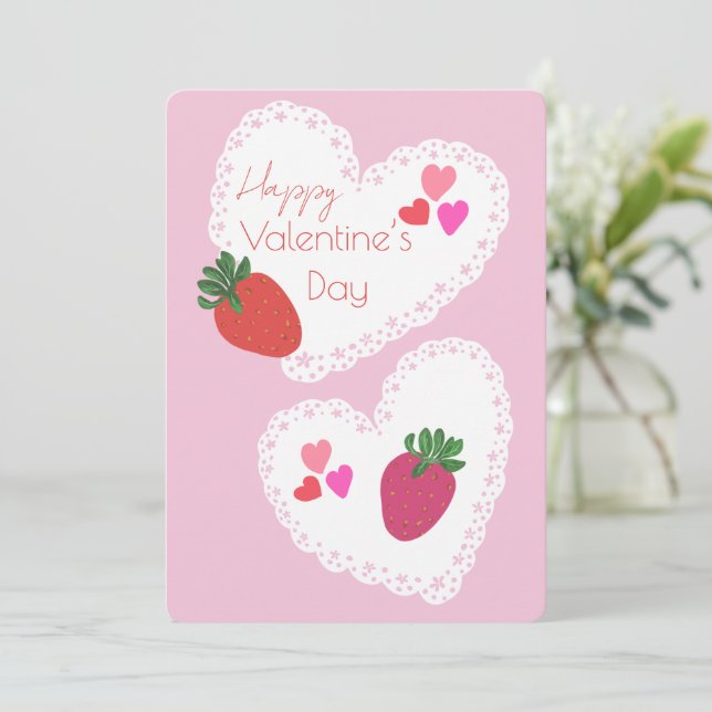 Tarjeta Festiva Fresas y corazones Feliz Día de San Valentín (Anverso de pie)