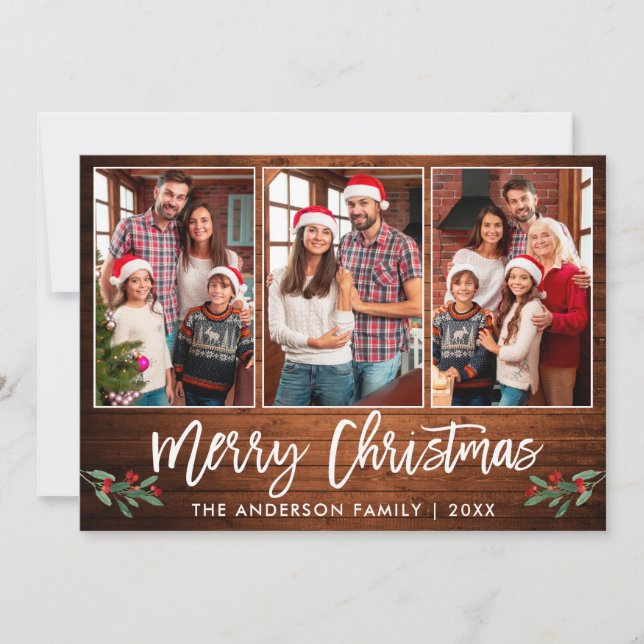 Tarjeta Festiva Fresco Guión Madera Verde 3 Navidades de fotografí (Anverso)