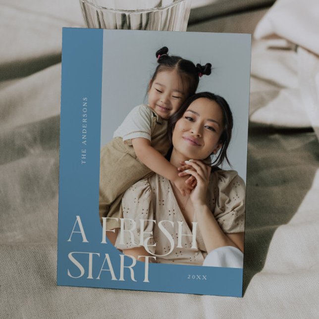 Tarjeta Festiva Fresh Start New Year Denim Blue Curved Frame Photo (Subido por el creador)