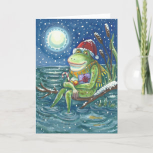 TARJETA FESTIVA FROG EN LOG DIVERSIÓN DE NAVIDADES GREETING CARD V