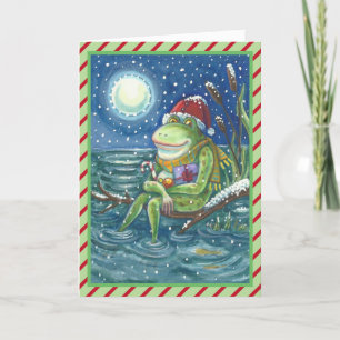TARJETA FESTIVA FROG EN LOG DIVERSIÓN DE NAVIDADES GREETING CARD V