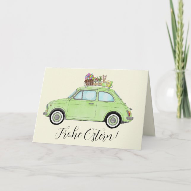 Tarjeta Festiva Frohe Ostern Alemania Retro Fiat 500 vacaciones (Anverso)